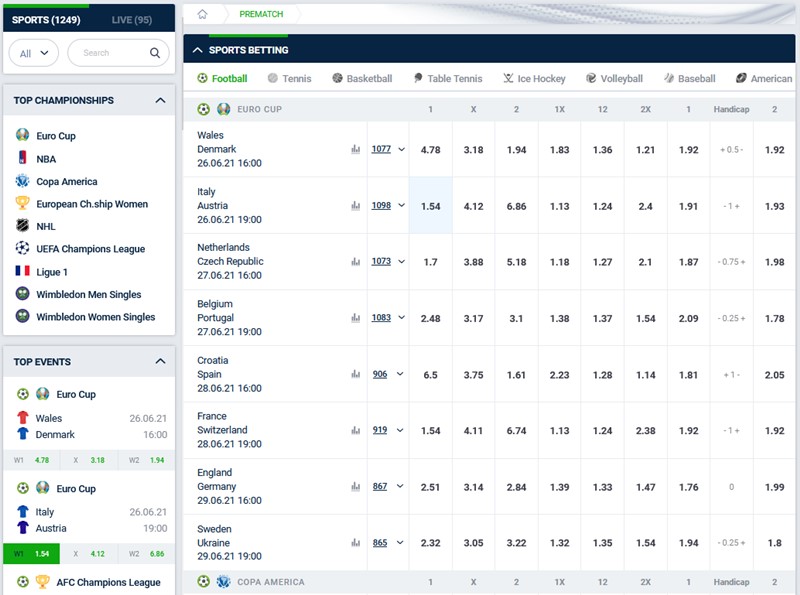 Odds view for upcoming games
