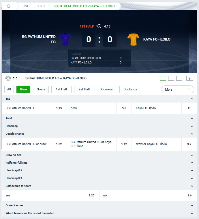 Example of available live bets