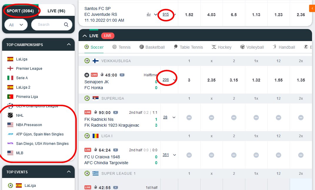 Odds view for upcoming games
