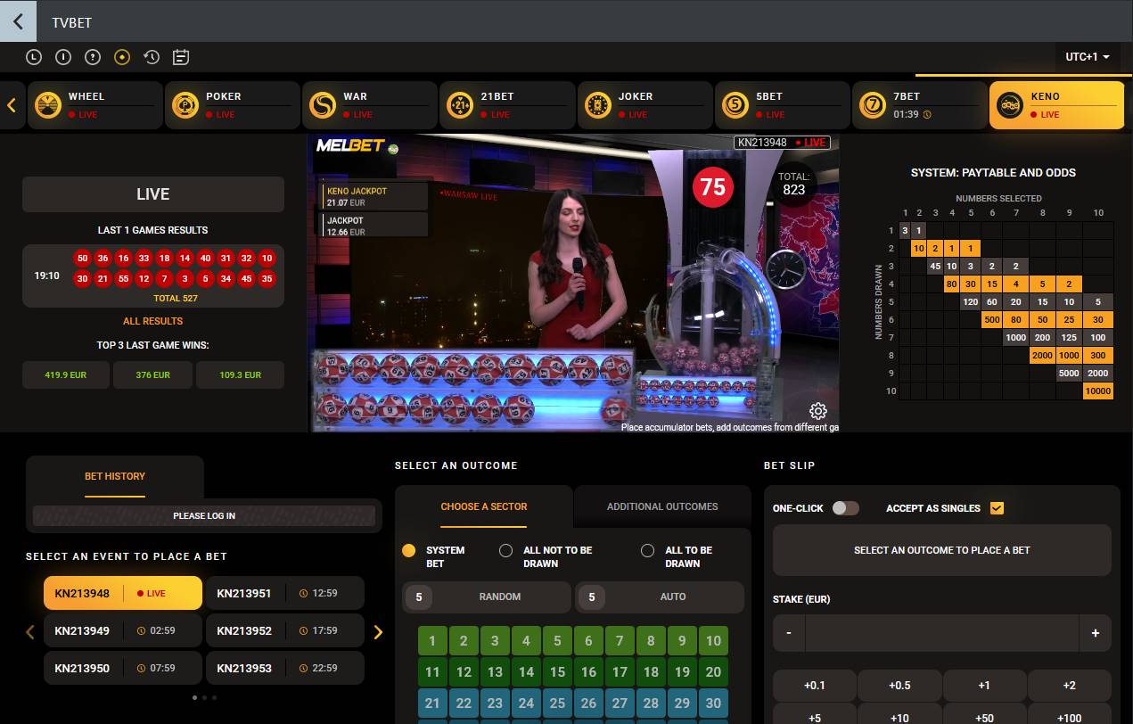 Example of a TV game: Keno